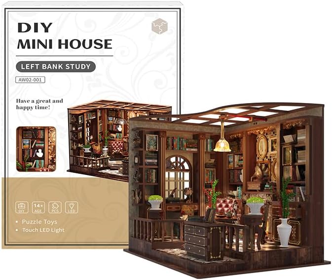 Lyrrez Left Bank Study Book Nook - DIY Book Nook Kit for Adults | Wooden Bookshelf 3D Book Nook Miniature Kit with LED Lights, Puzzle Decor for Book Lovers, 248 PCS, Bookshelf Insert Decor