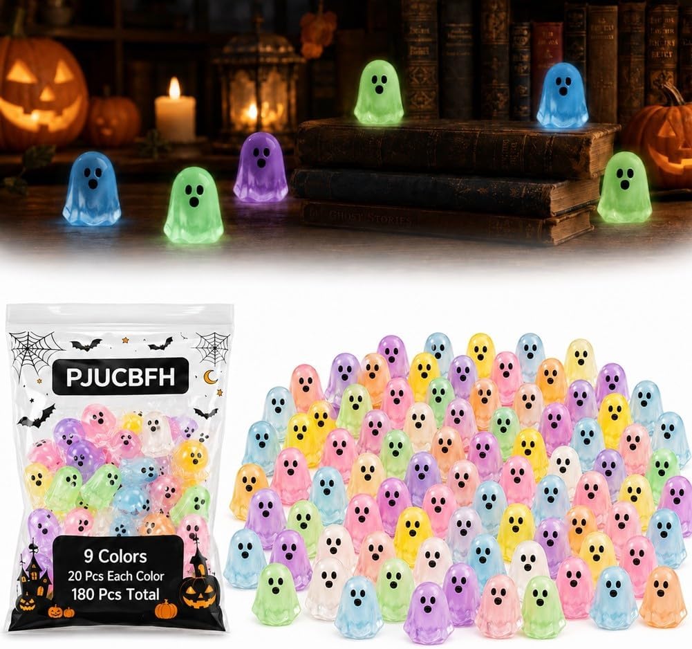 Mini Glow in the Dark Ghosts Resin Figurines Cute Miniatures Halloween | DIY Decor Figures Tiny Luminous Glowing 3D Spooky Statue Set Small Bulk Trinkets Charms Ornament Party Favors Gifts(A-180pcs)