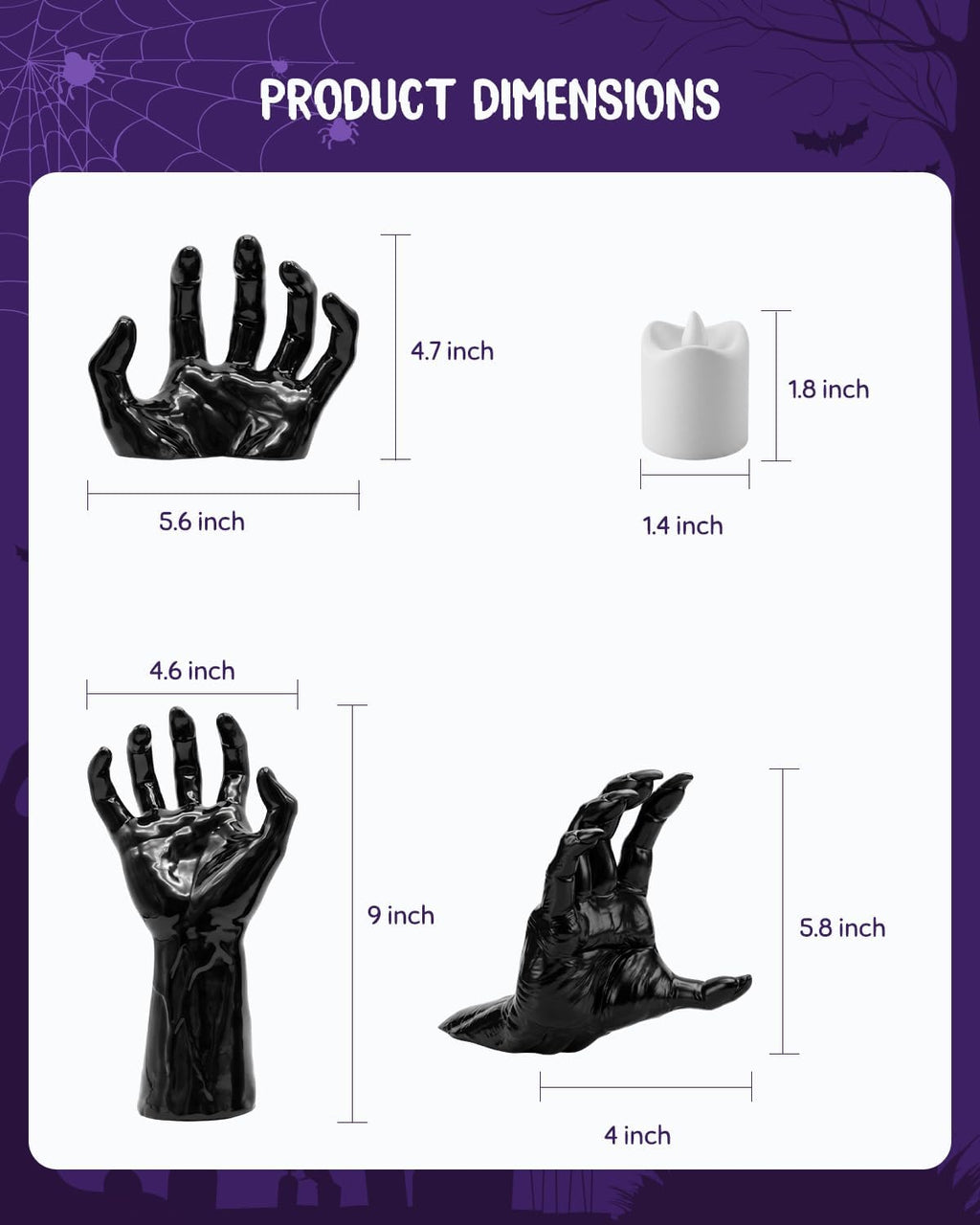 F-TECK Halloween Decoration 3 Pack Black Ghost Hands Decor with LED Candles | Life-sized Gothic Design, Screws and Adhesive Install, 3 Flameless Candles, Year-round Using for Creepy Reaching DIY Decor