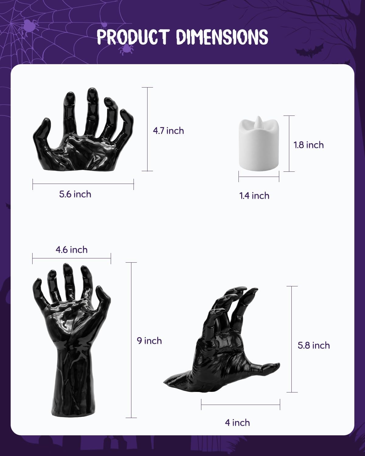 F-TECK Halloween Decoration 3 Pack Black Ghost Hands Decor with LED Candles | Life-sized Gothic Design, Screws and Adhesive Install, 3 Flameless Candles, Year-round Using for Creepy Reaching DIY Decor