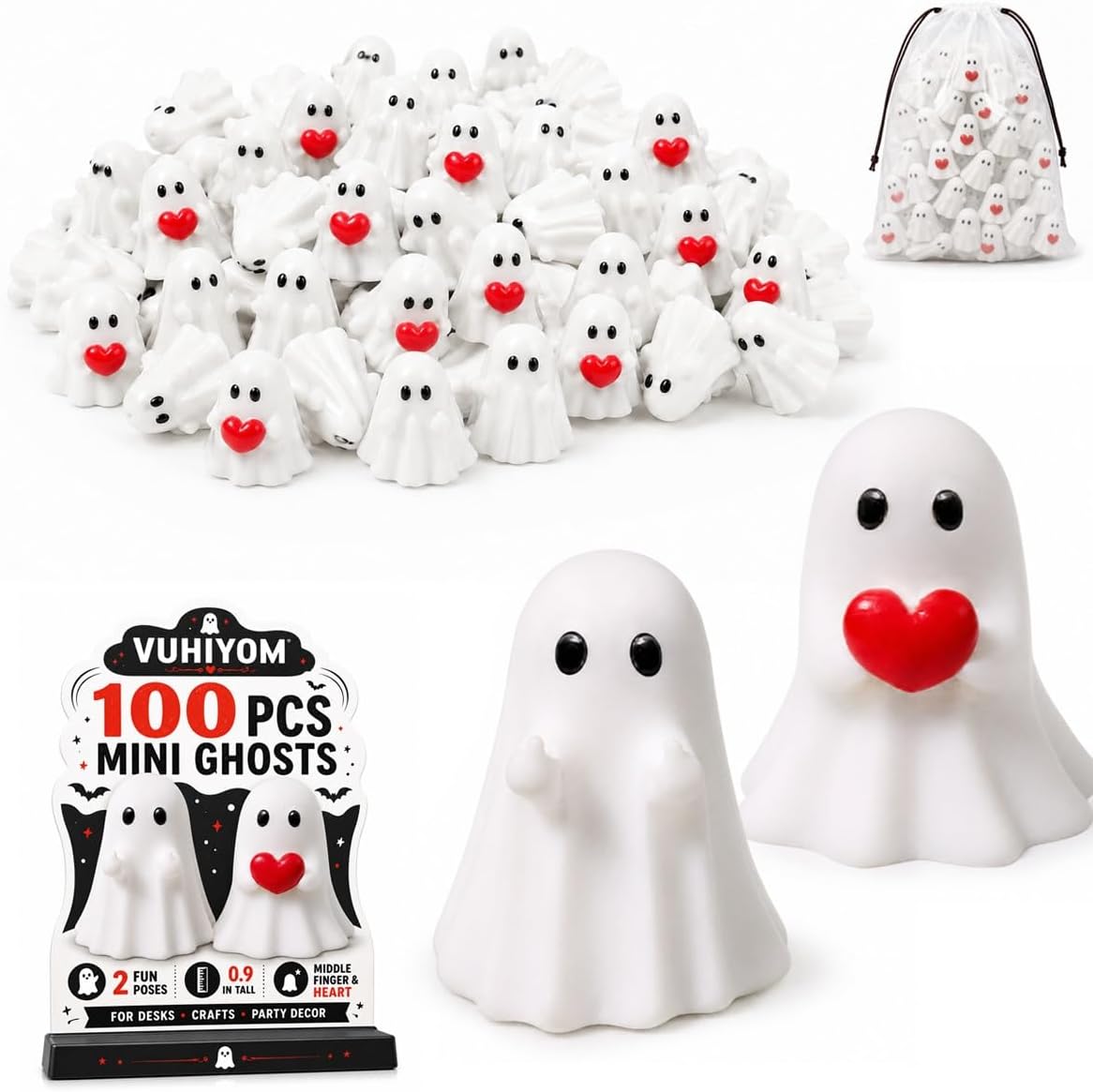 100 PCS Halloween Mini Ghosts Middle Finger Figurines Resin Tiny Decor | 0.9 in Tall with Playful Middle Finger and Heart Poses for Vase Fillers, Tiered Trays, Desks, Crafts and Party Displays