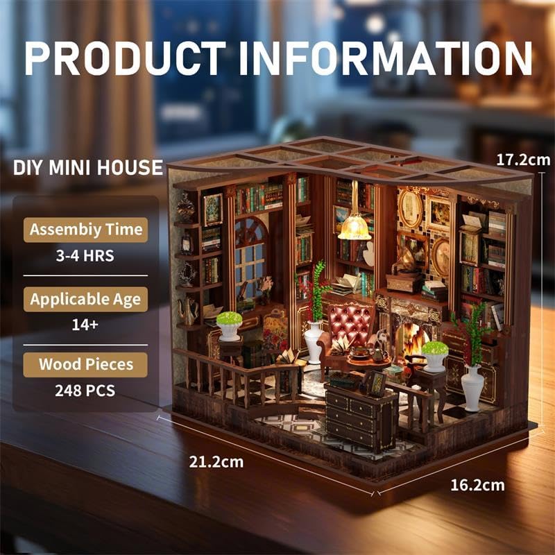 Lyrrez Left Bank Study Book Nook - DIY Book Nook Kit for Adults | Wooden Bookshelf 3D Book Nook Miniature Kit with LED Lights, Puzzle Decor for Book Lovers, 248 PCS, Bookshelf Insert Decor