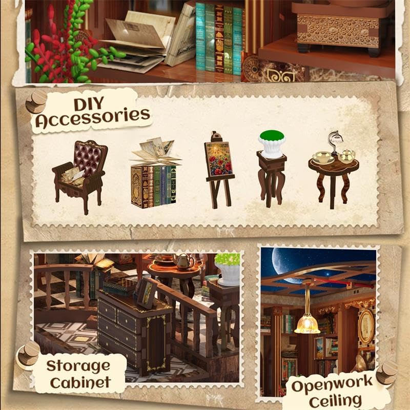 Lyrrez Left Bank Study Book Nook - DIY Book Nook Kit for Adults | Wooden Bookshelf 3D Book Nook Miniature Kit with LED Lights, Puzzle Decor for Book Lovers, 248 PCS, Bookshelf Insert Decor