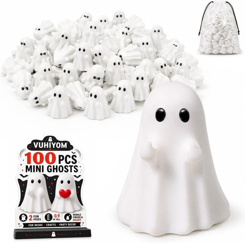 100 PCS Halloween Mini Ghosts Middle Finger Figurines Resin Tiny Decor | 0.9 in Tall with Playful Middle Finger and Heart Poses for Vase Fillers, Tiered Trays, Desks, Crafts and Party Displays