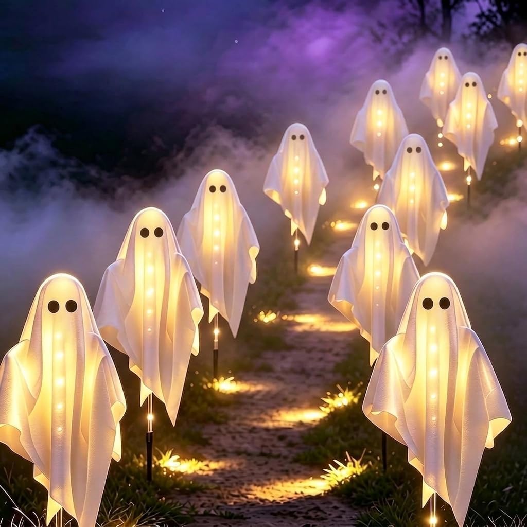 3-Pack & Solar Powered Ghost Halloween Decorations Outdoor, Auto On/Off | Waterproof 3-Pack Solar Halloween Lights 8 Lighting Modes for Garden Pathway Porch Yard Walkway Lawn Party Decorations