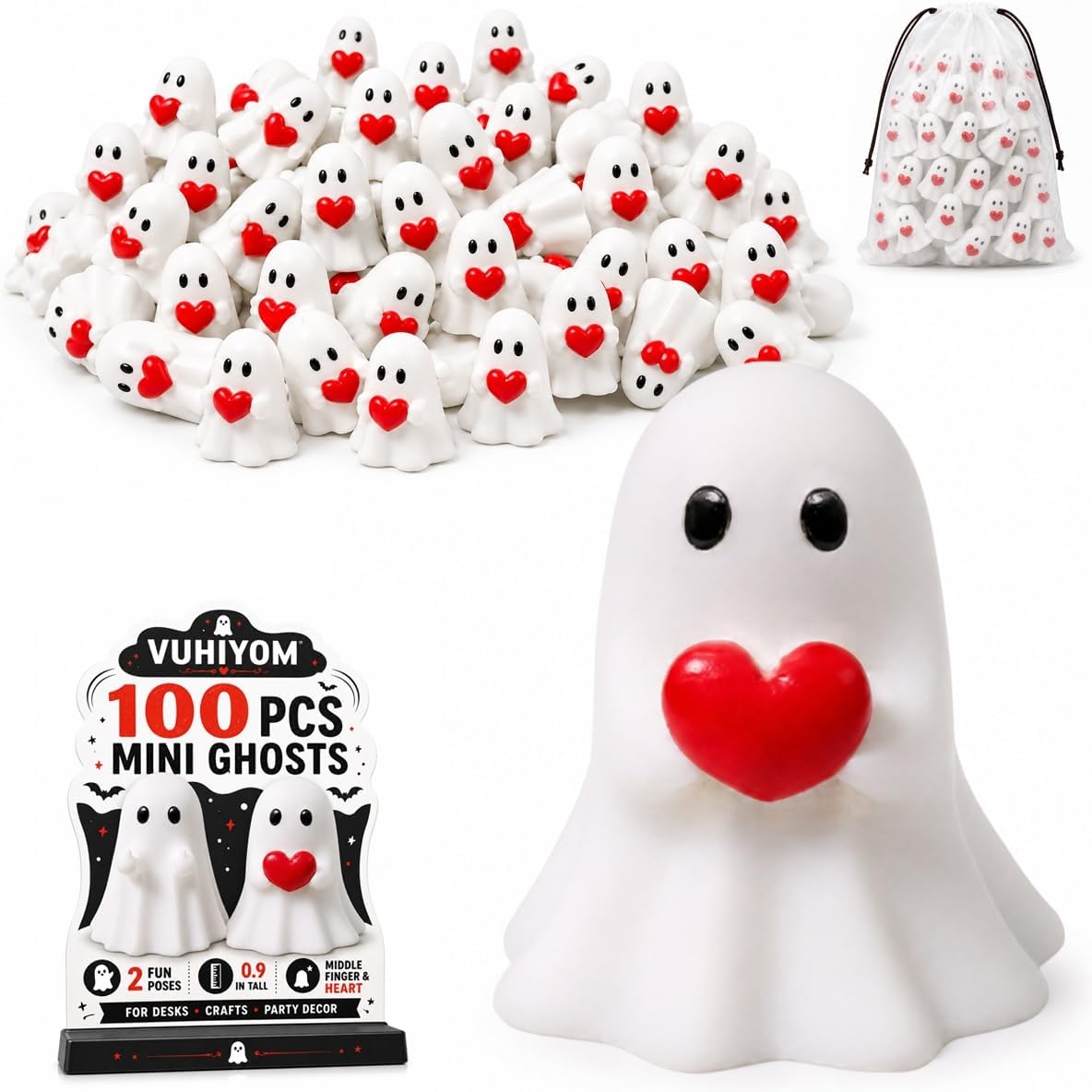100 PCS Halloween Mini Ghosts Middle Finger Figurines Resin Tiny Decor | 0.9 in Tall with Playful Middle Finger and Heart Poses for Vase Fillers, Tiered Trays, Desks, Crafts and Party Displays