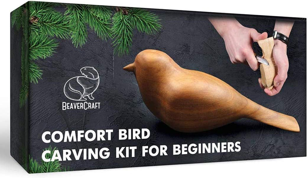 BeaverCraft Wood Carving Kit for Beginners Comfort Bird DIY Whittling Set | 2 Сarving Blocks & Whittling Knife, Leather Strop, Tutorial - DIY Craft Hobby Kit for Adults & Kids, Wood Carving Knife Set