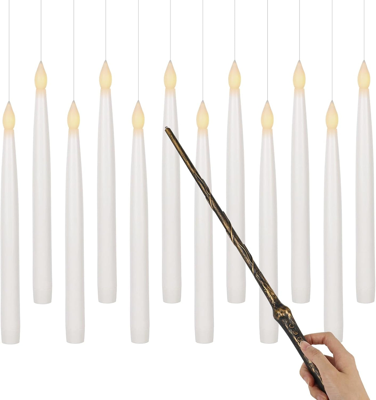 GenSwin Flameless Floating Candles Wand Halloween Decorations White 22pcs | 6H Timer, Battery Operated Hanging Window Candles, 24 Sticky Hook & Glue Dots, 0.45 x 6.1 In, 4.9 Ft Fishing Line