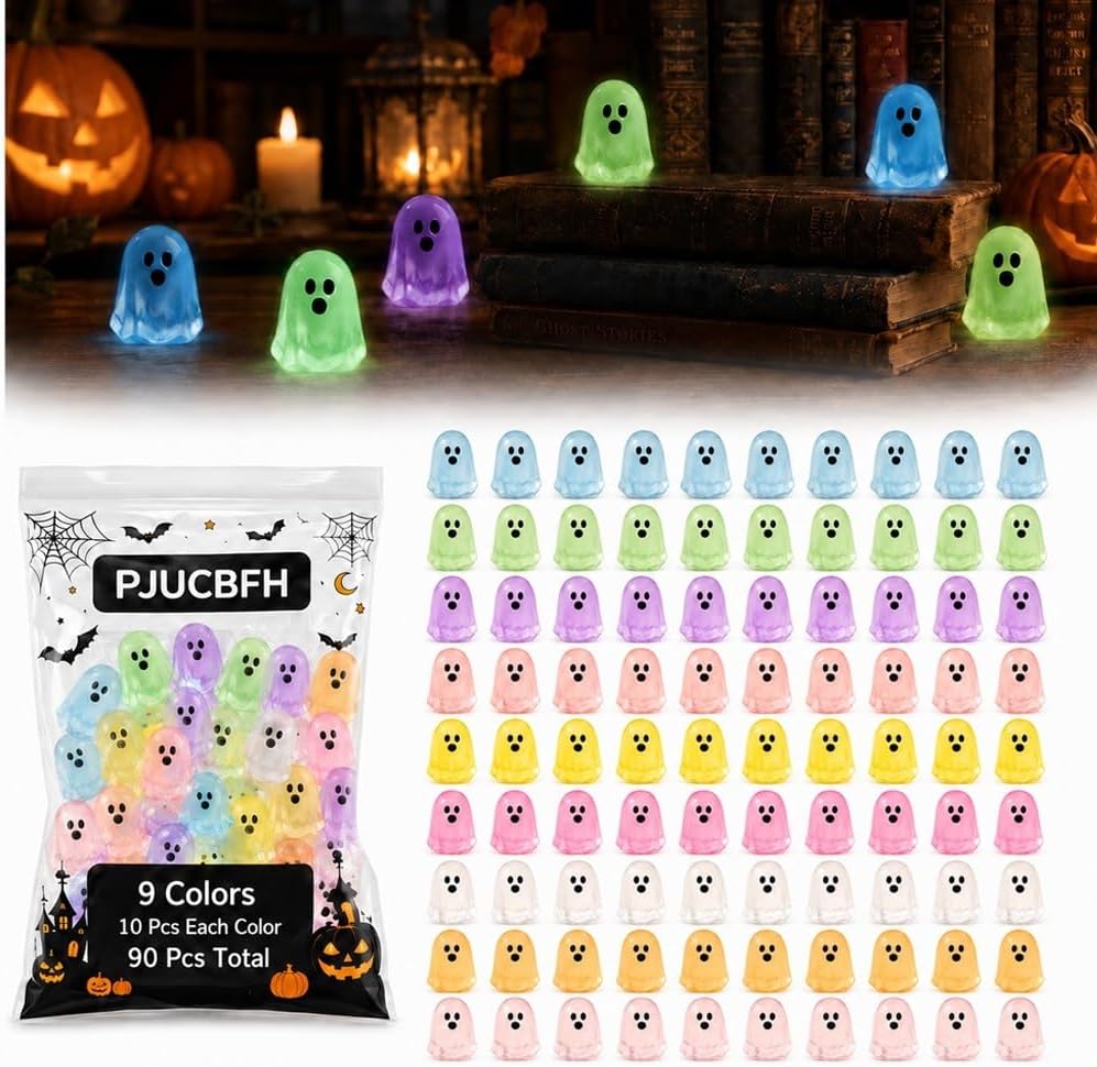 Mini Glow in the Dark Ghosts Resin Figurines Cute Miniatures Halloween | DIY Decor Figures Tiny Luminous Glowing 3D Spooky Statue Set Small Bulk Trinkets Charms Ornament Party Favors Gifts(A-180pcs)