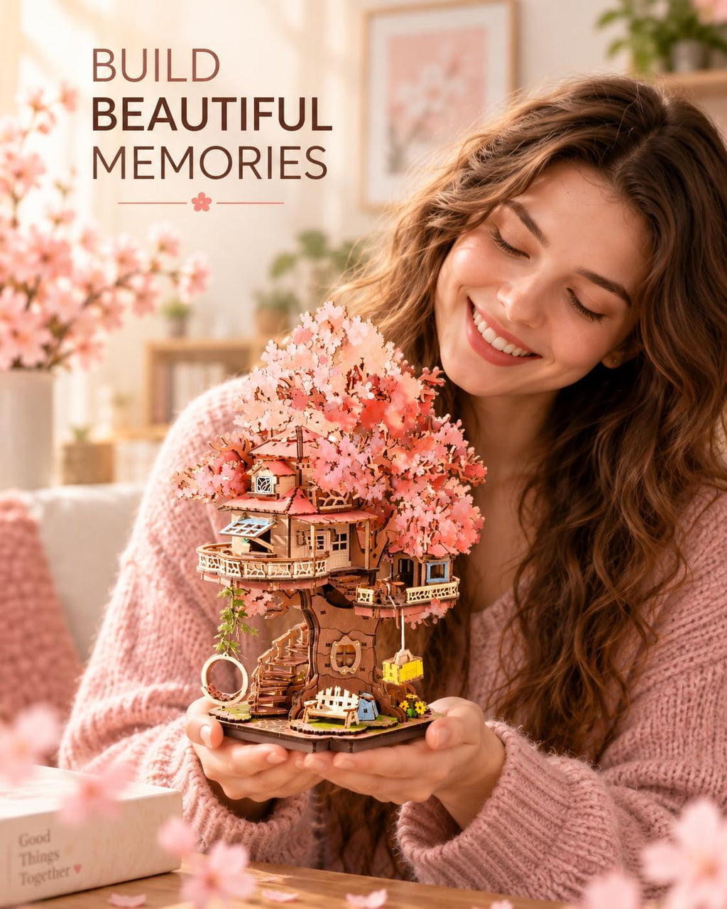 DIY Miniature House Kits Sakura Tree House 12 3D Wooden Puzzles | Japanese Cherry Blossom Bonsai Model Building Kit, Wooden Craft Home Decor Gift for Adults Family
