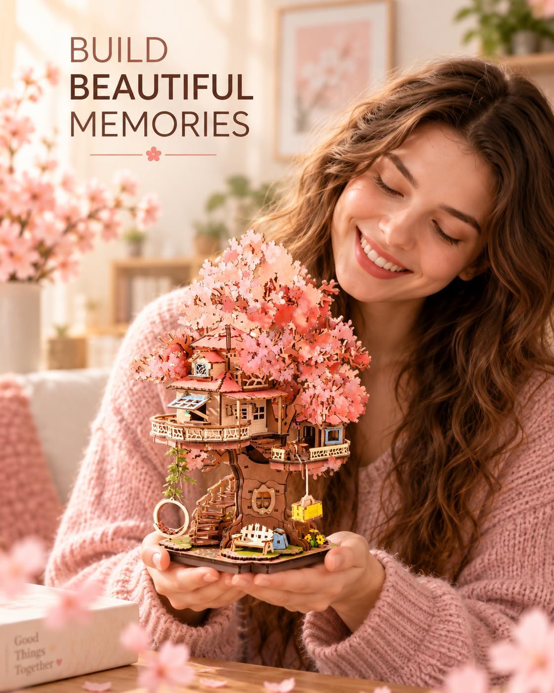 DIY Miniature House Kits Sakura Tree House 12 3D Wooden Puzzles | Japanese Cherry Blossom Bonsai Model Building Kit, Wooden Craft Home Decor Gift for Adults Family