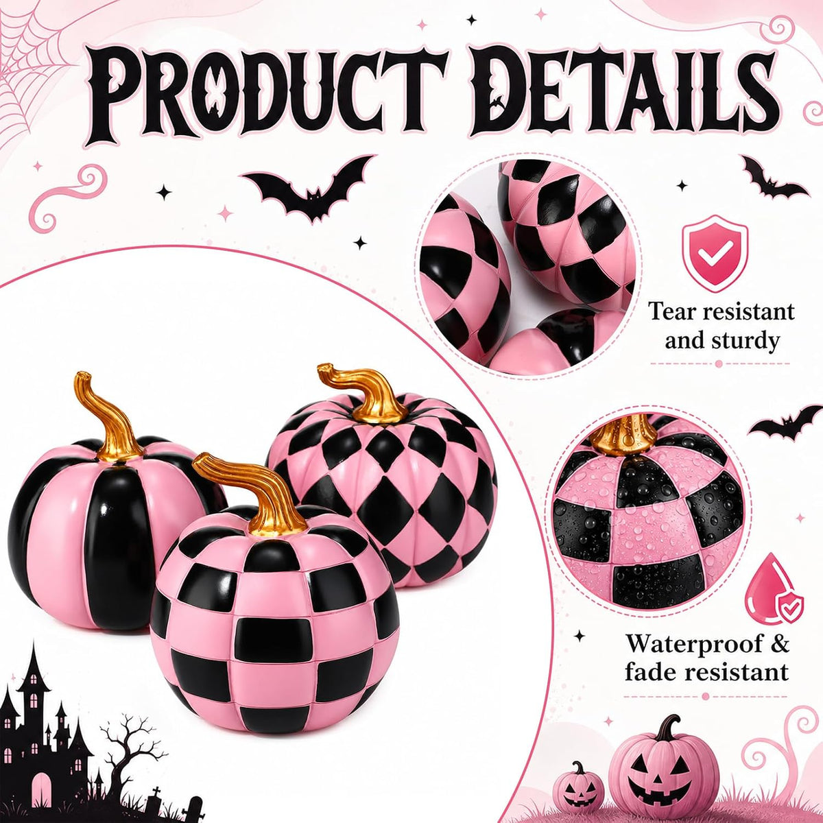 3 Pcs Halloween Resin Checkered Pumpkin, Pink and Black Pumpkin Table Decor | Pink Halloween, Pink Fall Decor, Thanksgiving Autumn Party Supplies, Dining Table Centerpiece Set, Ornaments for Tiered Tray