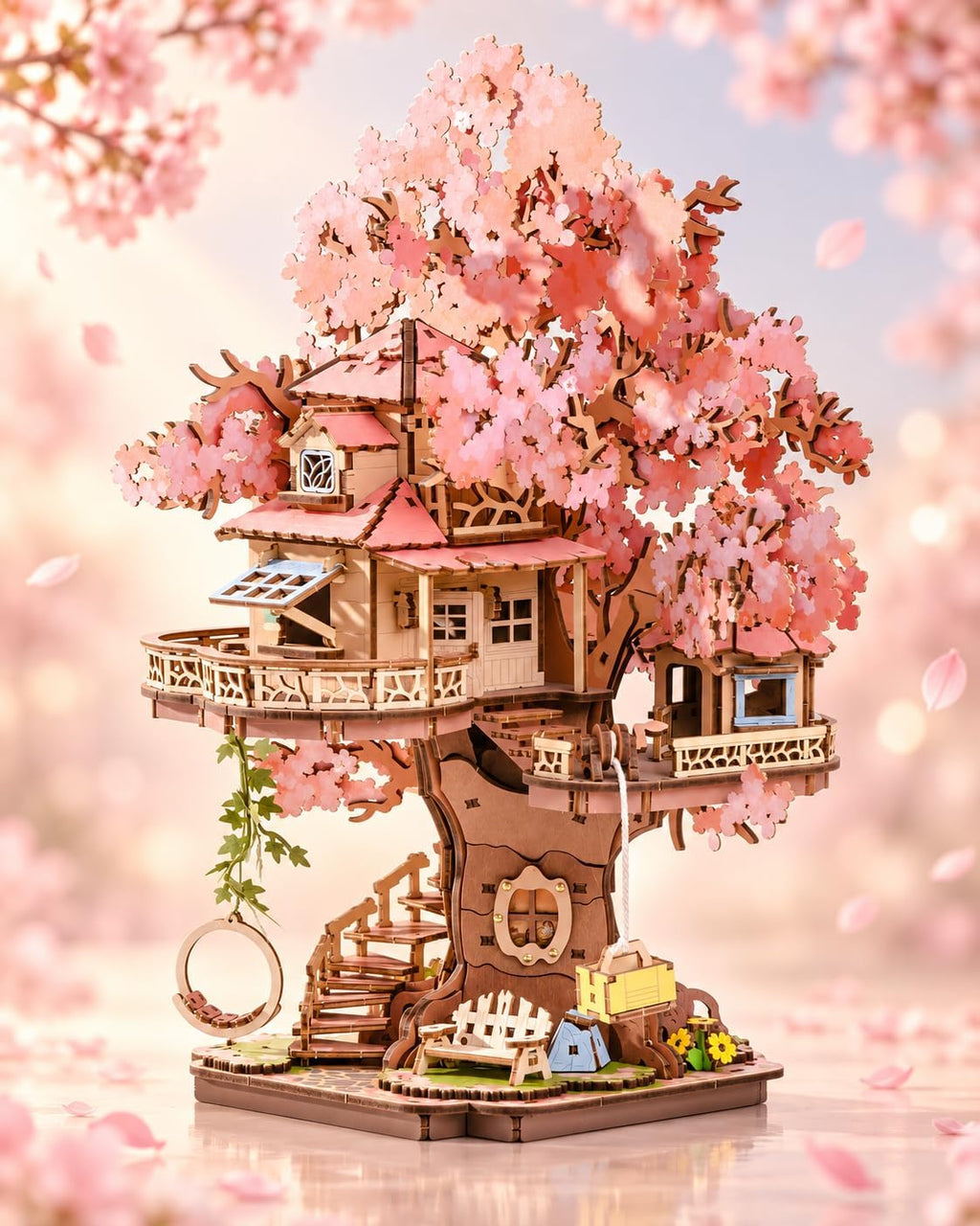 DIY Miniature House Kits Sakura Tree House 12 3D Wooden Puzzles | Japanese Cherry Blossom Bonsai Model Building Kit, Wooden Craft Home Decor Gift for Adults Family