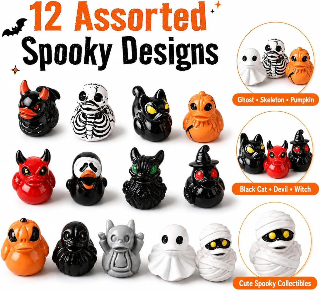 Halloween Mini Duck Figurines, 12 Assorted Resin Ducks Party Favors (3) | Assorted spooky duck miniatures for treat bags, classroom prizes, party tables, desk displays and DIY scenes