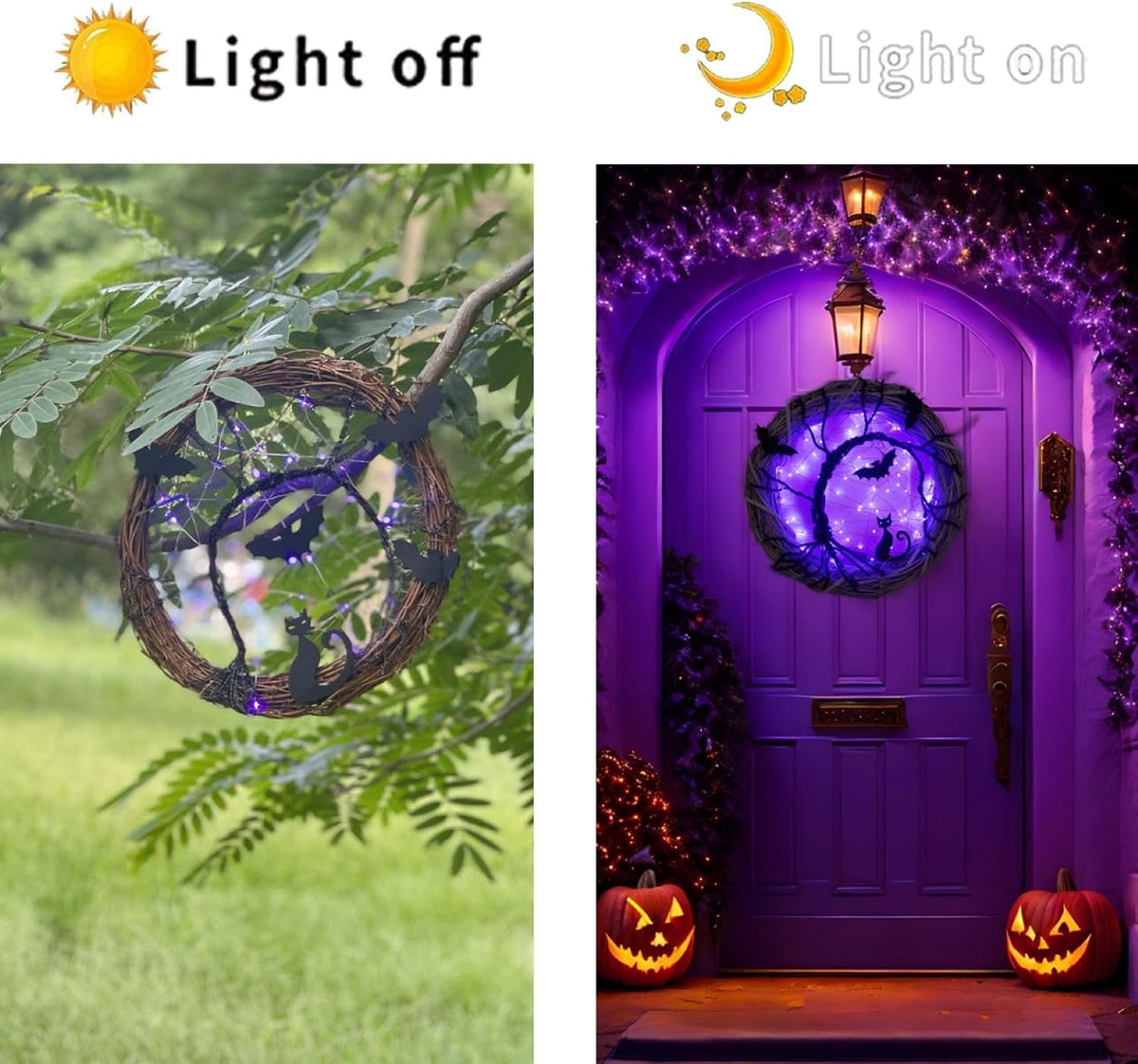 Halloween Wreaths for Front Door, 15 Inch Halloween Lighted Wreath with Bat and Cat Decor, 45 LED Purple Lights Battery Operated, Front Door Porch Wreath Decorations for Holiday Party (Purple)