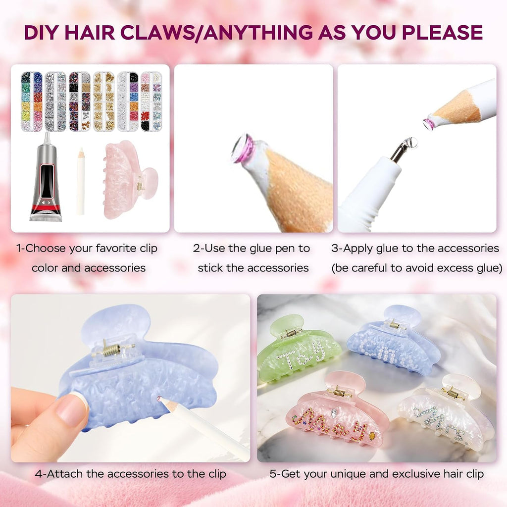 8 Sets DIY Hair Claw Clips Kit, Claw Clip Decorating Kit for Craft Night | Claw Clip Bedazzling Kit, 6 Boxes Accessories with Storage Box, Custom Hair Clip Making Kit for Women Adults DIY Craft Night