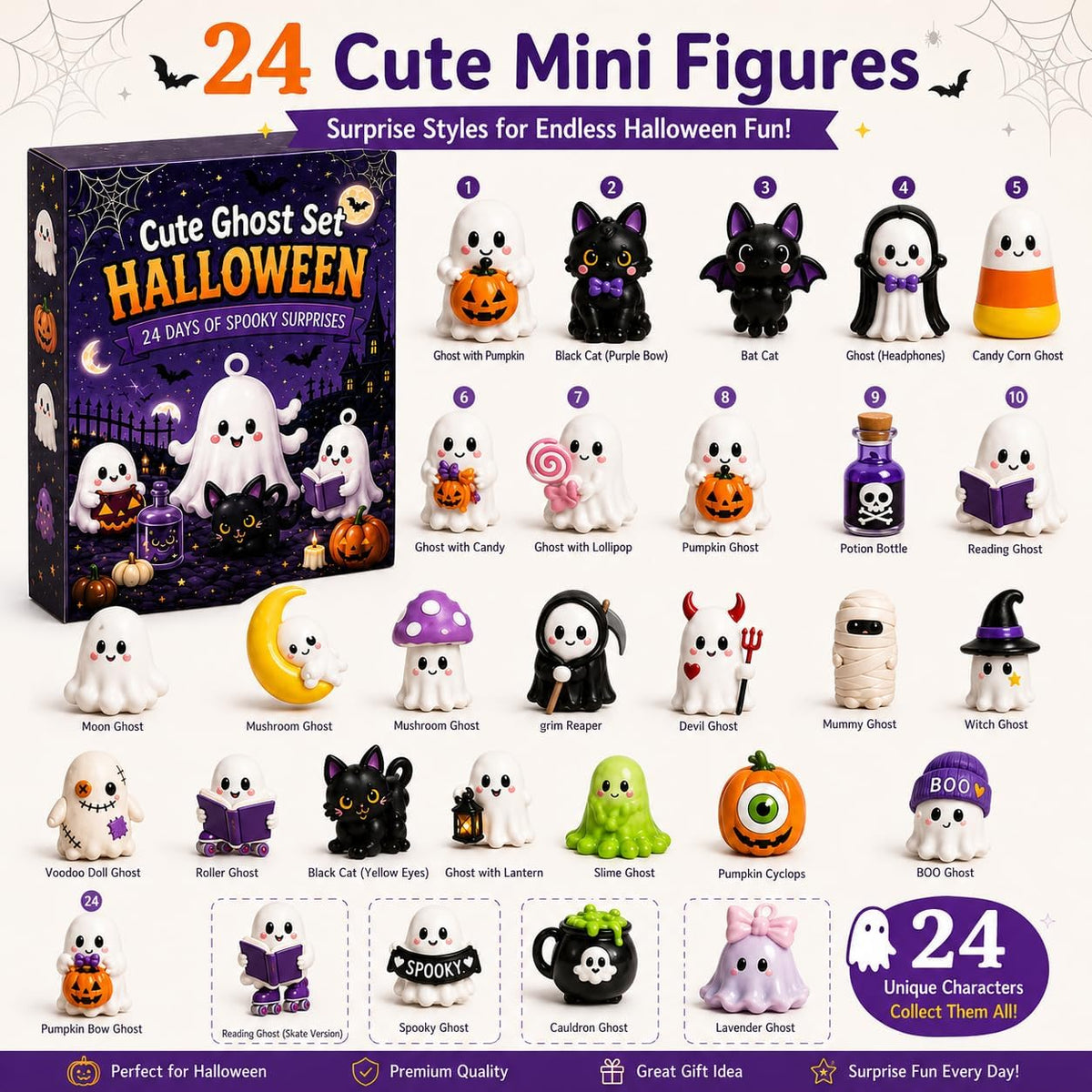 Gonlylai Cute Ghost Mini Resin Figurine Set | Surprise blind door design