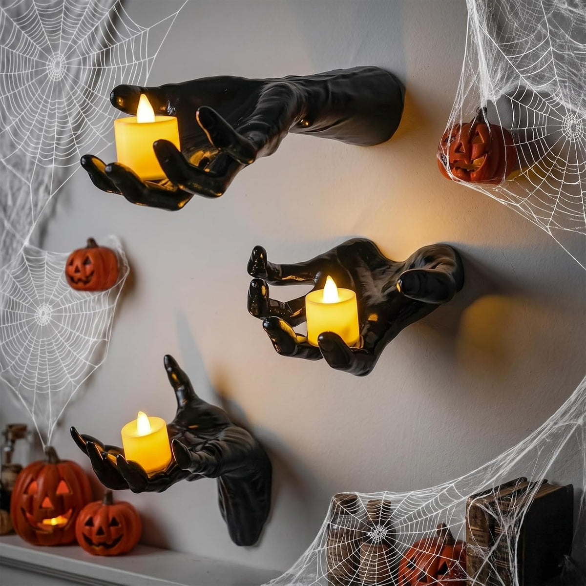 F-TECK Halloween Decoration 3 Pack Black Ghost Hands Decor with LED Candles | Life-sized Gothic Design, Screws and Adhesive Install, 3 Flameless Candles, Year-round Using for Creepy Reaching DIY Decor