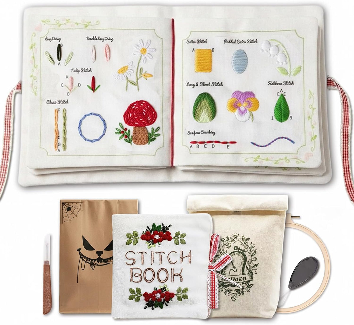 Embroidery Stitch Book Kit for Beginners, 32 Essential Stitches | Structured Learning Order for Adults, DIY Sewing Kit with Floral Motifs, Practice Patterns