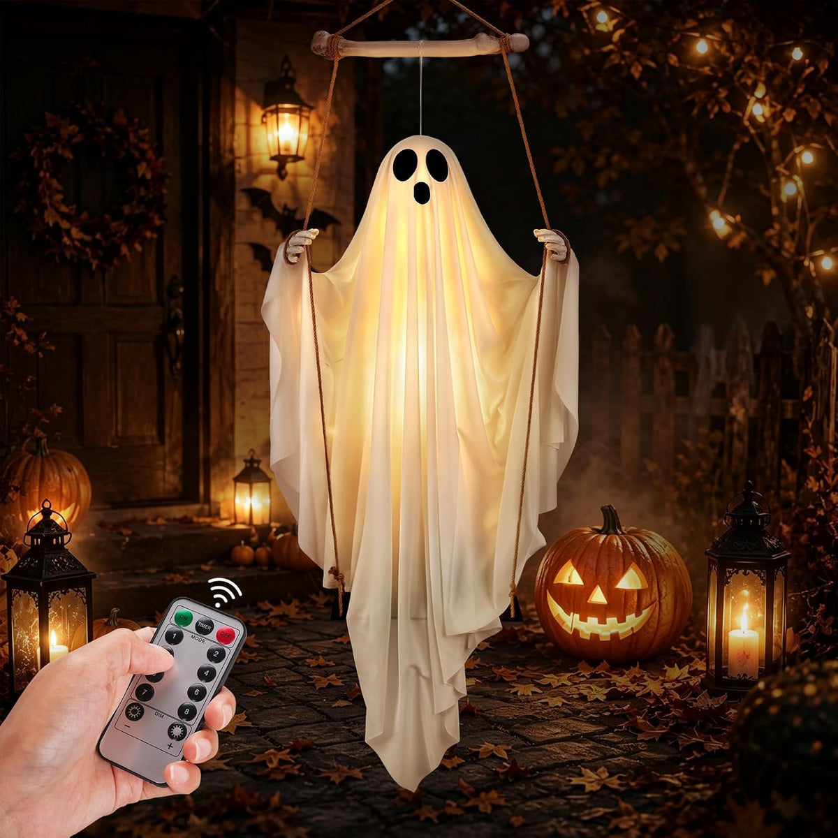 Halloween Decorations Outdoor - 5FT Hanging Swing Ghost with Remote Control | 8 LED Lights Mode,Timer Function, Realistic Skeleton Hands, Easy Adjustable, Just Hanging, For Party Porch Yard Garden Lawn