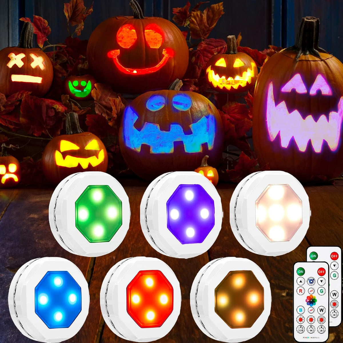 LUNSY Halloween Pumpkin Lights, Pumpkin Lights with Remote Control | Jack-O-Lantern Light, RGB Color Changing, Battery Operated, Dimmable, Timing, for Halloween (6 Packs)