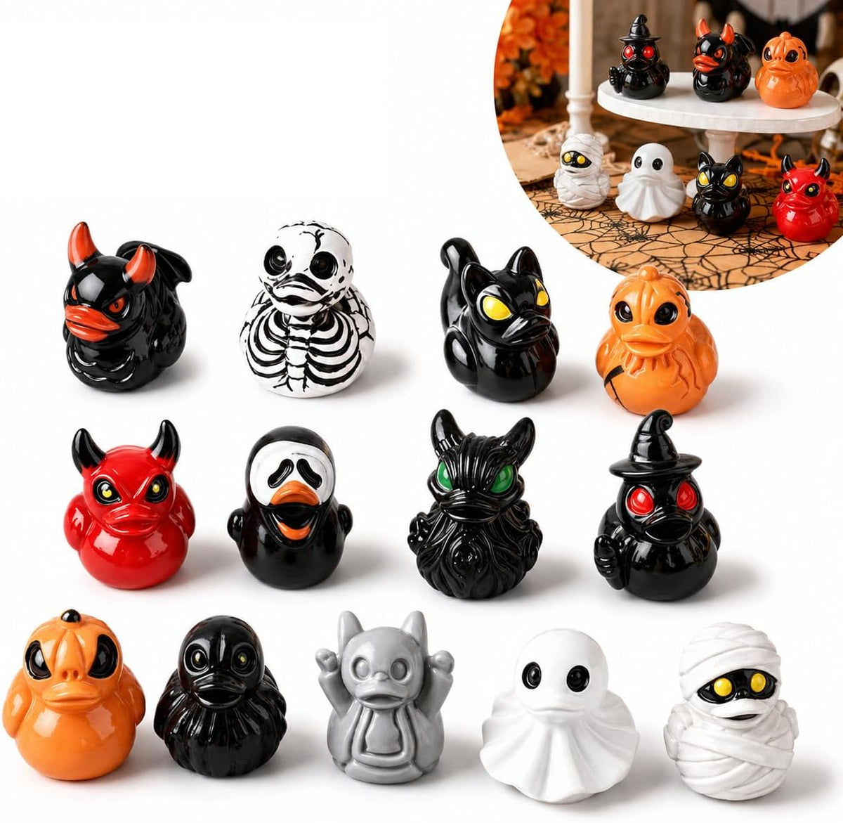 Halloween Mini Duck Figurines, 12 Assorted Resin Ducks Party Favors (3) | Assorted spooky duck miniatures for treat bags, classroom prizes, party tables, desk displays and DIY scenes