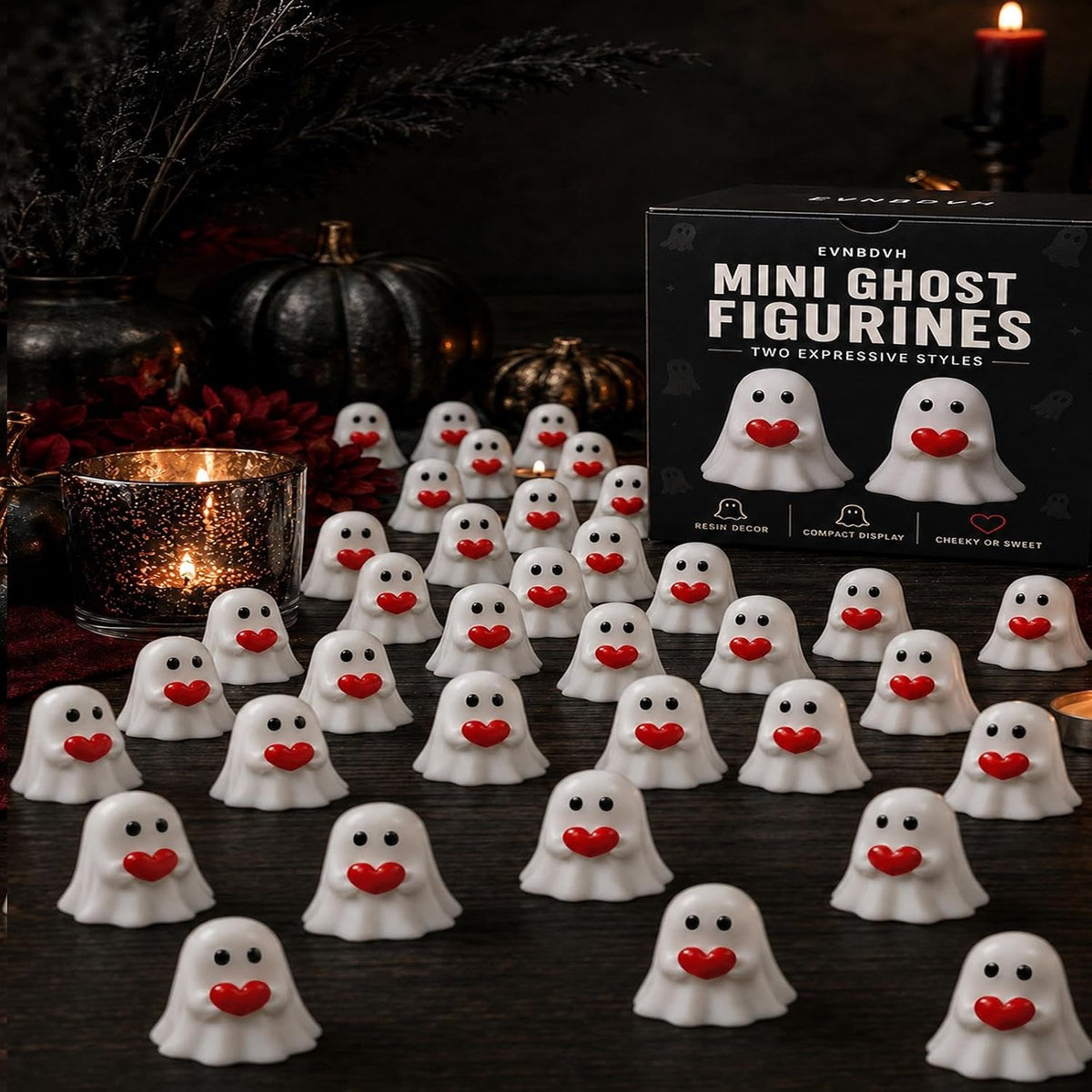 Mini Ghost Figurines Middle Finger Or Red Heart Resin Halloween Decorations | Two expressive styles bring cheeky or sweet character to trays desks jars gifts and party display(SET A,100pcs)