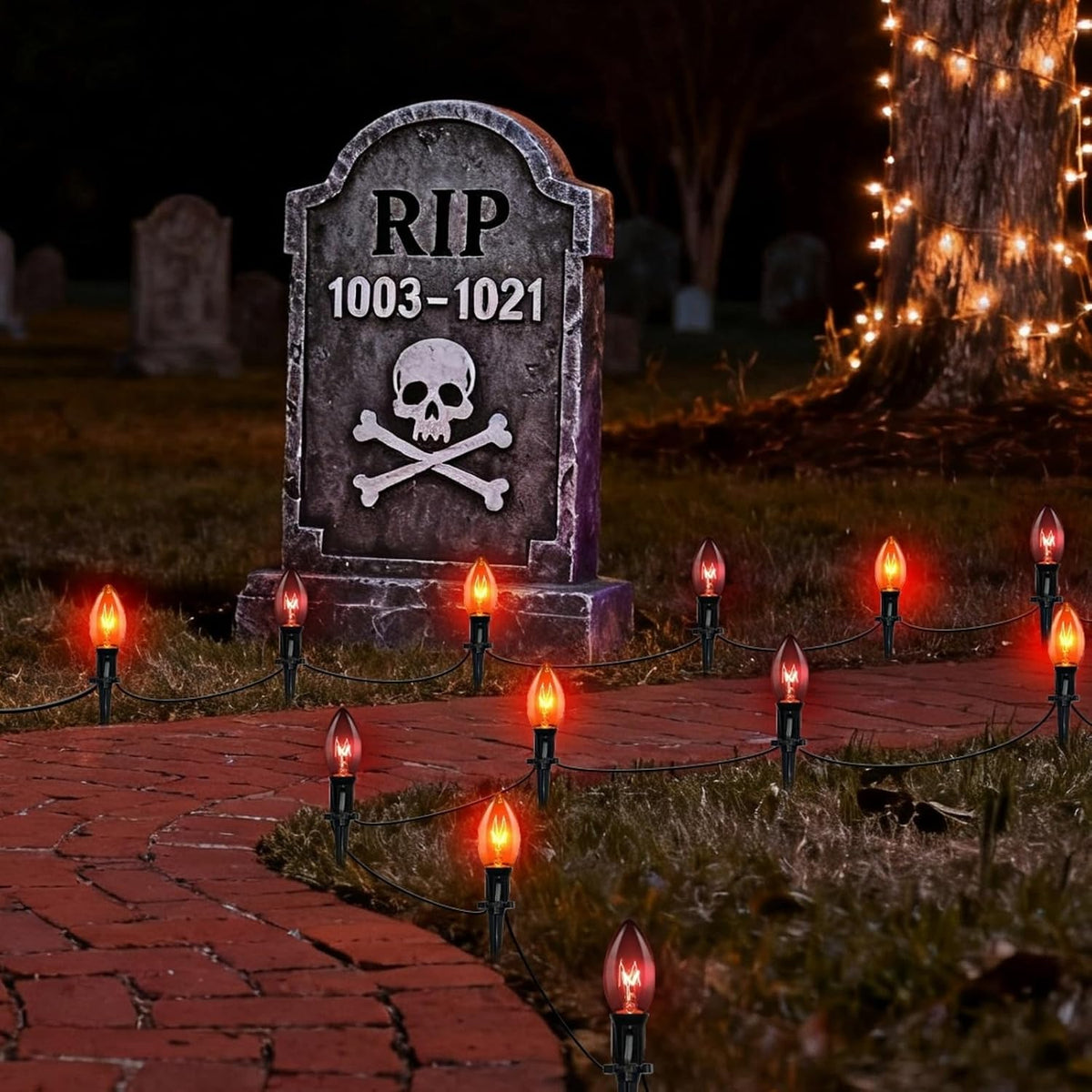 Halloween Ghost Pathway Lights, 4 Pack LED Yard Stake Lights Outdoor Decor | 7FT Plug-In, Connectable, IP44, Warm C7 LED Glow, Easy Stake Setup, Spooky Ghost Design, Trick-or-Treat Pathway Decor