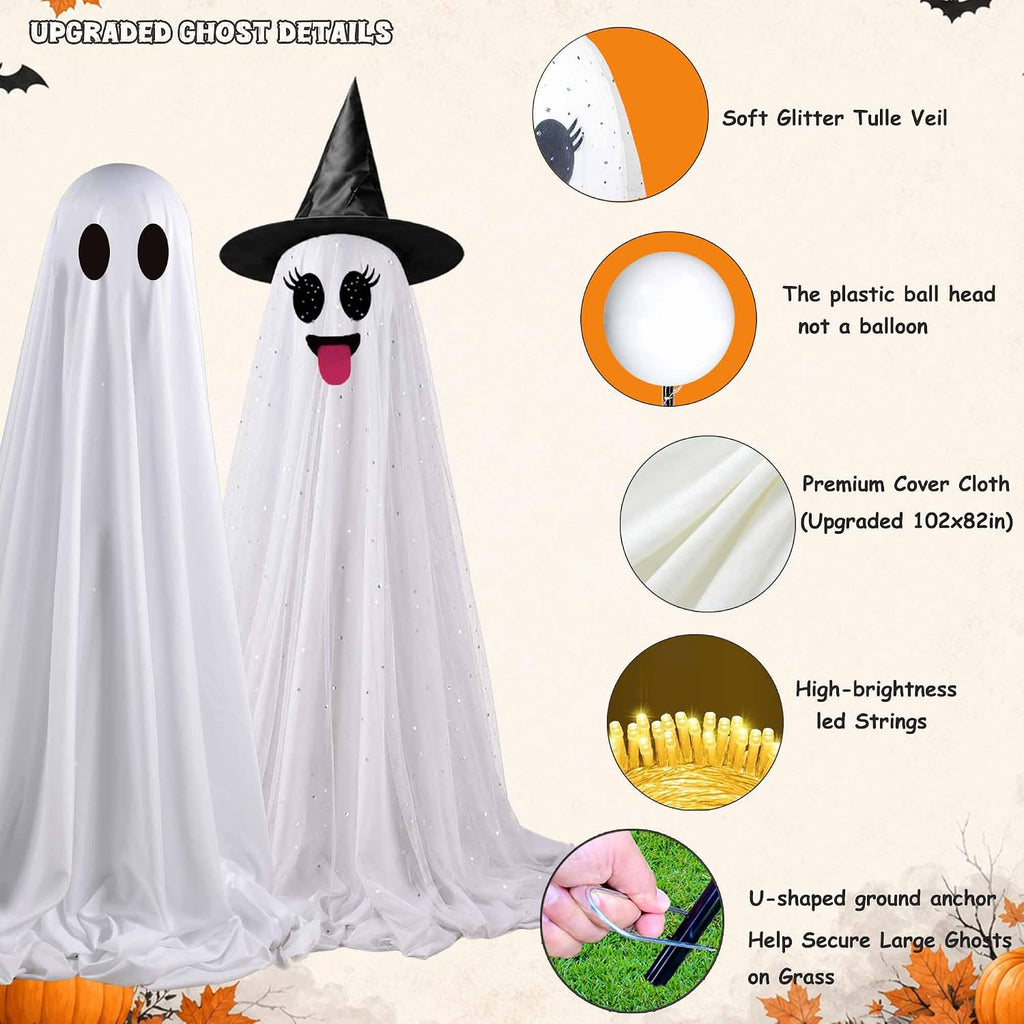 Halloween Decorations Outdoor, 3 Pack Light Up Spooky Ghosts with Remote Control LED Lights, DIY Faces and Witch Hats, Halloween Ghost Family Decor for Yard Porch Lawn Garden Front Door