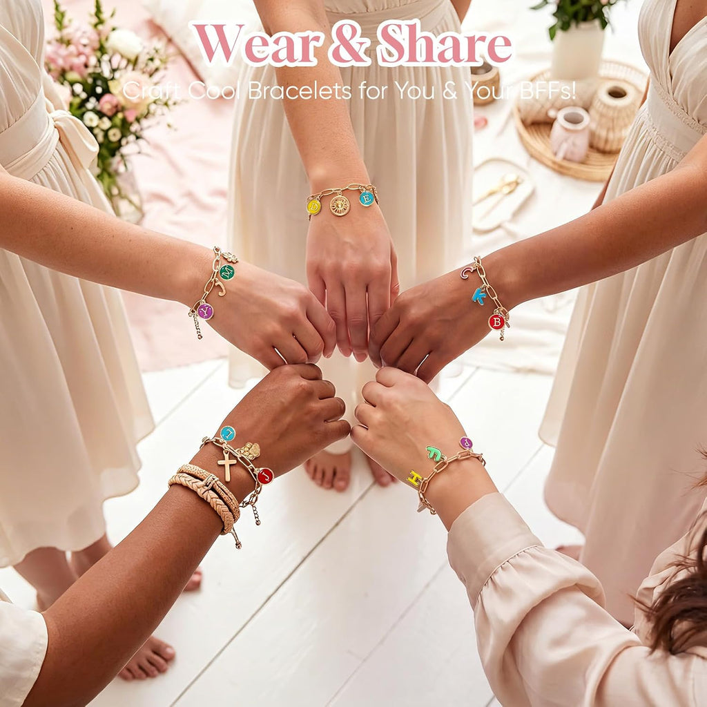 Friendship Bracelet Making Kit, DIY Jewelry Making Kit for Craft Night Beginners, Personalized Charms Birthday Gift with 12 Set Anti-Tarnish Chains & 78 Pcs Letters Charms