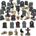 30Pcs Halloween Miniatures Figurines, Mini Resin Tombstones Tiny Crow Animals Skull Head Figure Ornaments Halloween Garden Accessories for DIY Crafts Outdoor Home Village Graveyard Scene
