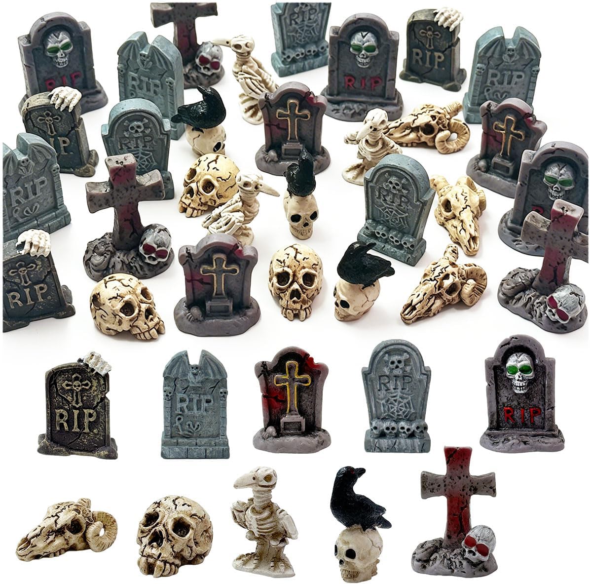 30Pcs Halloween Miniatures Figurines, Mini Resin Tombstones Tiny Crow Animals Skull Head Figure Ornaments Halloween Garden Accessories for DIY Crafts Outdoor Home Village Graveyard Scene