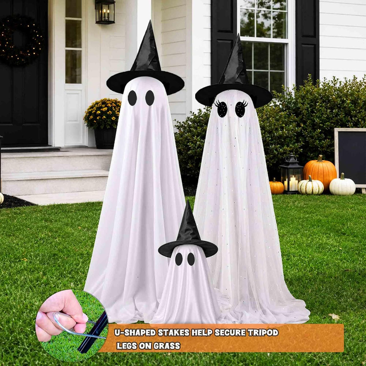 Halloween Decorations Outdoor, 3 Pack Light Up Spooky Ghosts with Remote Control LED Lights, DIY Faces and Witch Hats, Halloween Ghost Family Decor for Yard Porch Lawn Garden Front Door