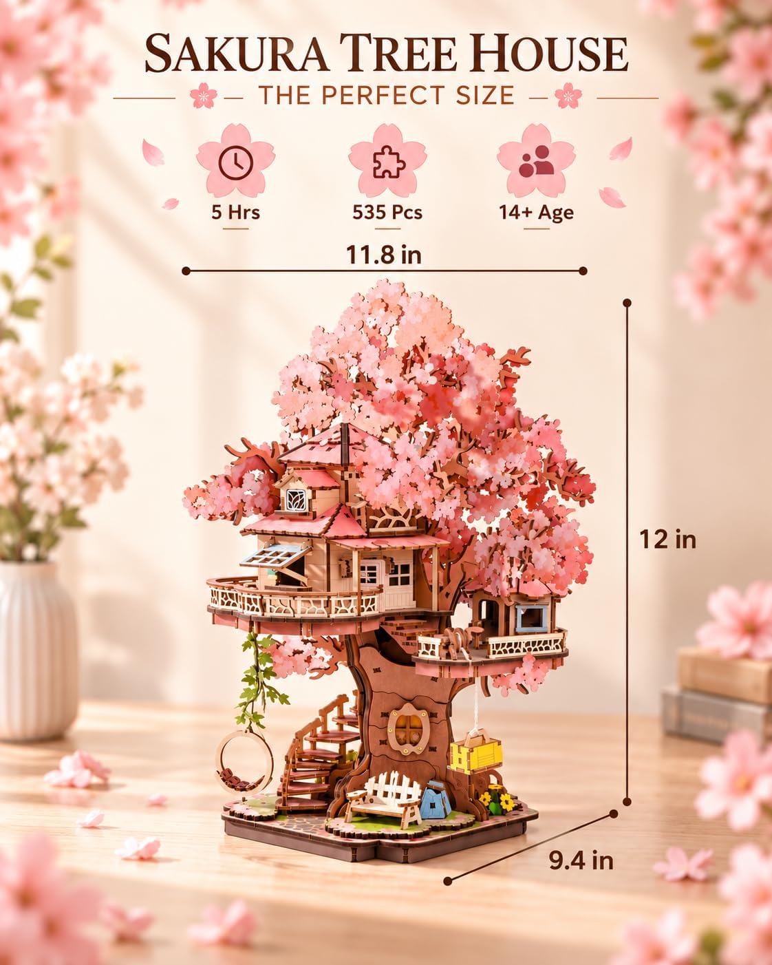DIY Miniature House Kits Sakura Tree House 12 3D Wooden Puzzles | Japanese Cherry Blossom Bonsai Model Building Kit, Wooden Craft Home Decor Gift for Adults Family