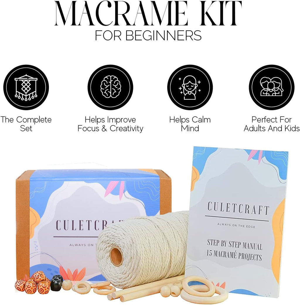 CULETCRAFT Macrame Kit for Beginners 153pc, 15 Projects Book, 164yd Cotton Macrame Cord, Wooden Beads & Sticks, Wooden & Metal Rings, Gift Box, Book & Accessories, Perfect Macrame Starter Kit