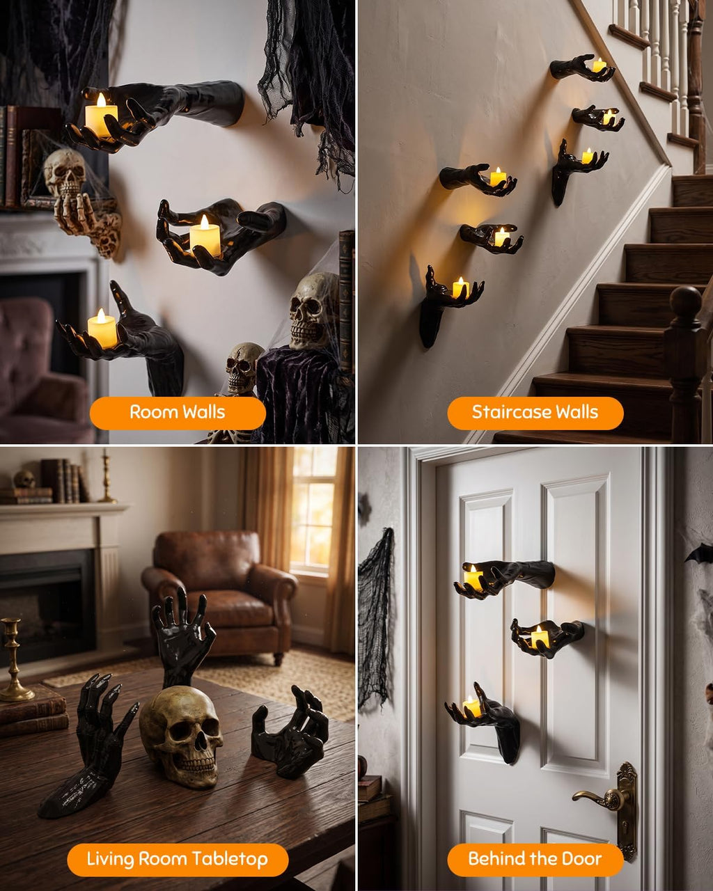 F-TECK Halloween Decoration 3 Pack Black Ghost Hands Decor with LED Candles | Life-sized Gothic Design, Screws and Adhesive Install, 3 Flameless Candles, Year-round Using for Creepy Reaching DIY Decor