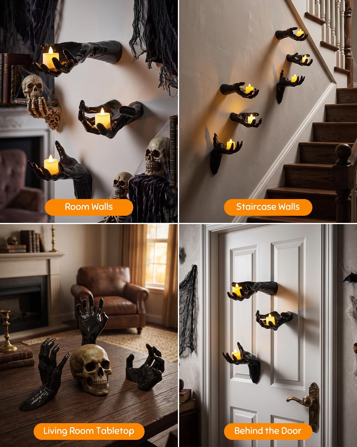 F-TECK Halloween Decoration 3 Pack Black Ghost Hands Decor with LED Candles | Life-sized Gothic Design, Screws and Adhesive Install, 3 Flameless Candles, Year-round Using for Creepy Reaching DIY Decor