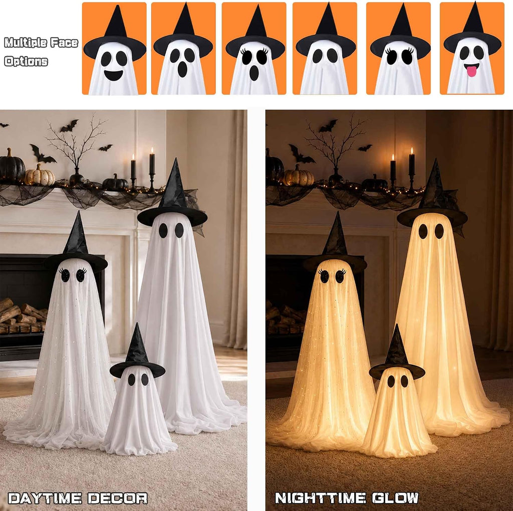 Halloween Decorations Outdoor, 3 Pack Light Up Spooky Ghosts with Remote Control LED Lights, DIY Faces and Witch Hats, Halloween Ghost Family Decor for Yard Porch Lawn Garden Front Door