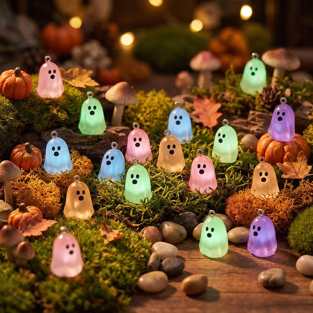 120 PCS Glow in Dark Mini Ghost Figurines, 0.59 Inch Resin Halloween Decor | Multicolor Luminous Resin Ghosts, Miniature Figures for Micro Landscape Dollhouse, Halloween Party Ornaments & Outdoor Decor