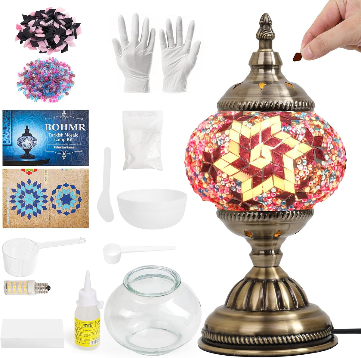 BOHMR DIY Turkish Mosaic Lamp Kit for Adults & Teens, 5.2 Shade, Green | DIY Stained Glass Table Lamp Making Kit, Mosaic Art & Craft Project Kit, Beginner Friendly, Includes All Tools, Handmade Gift