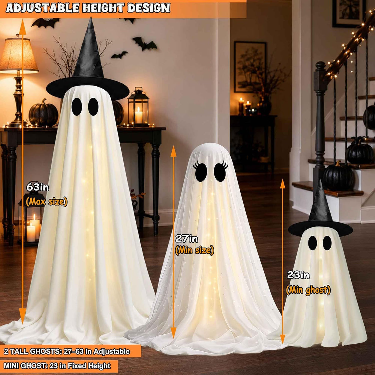 Halloween Decorations Outdoor, 3 Pack Light Up Spooky Ghosts with Remote Control LED Lights, DIY Faces and Witch Hats, Halloween Ghost Family Decor for Yard Porch Lawn Garden Front Door