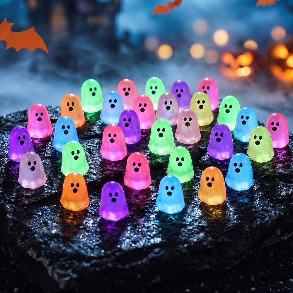 120 PCS Glow in Dark Mini Ghost Figurines, 0.59 Inch Resin Halloween Decor | Multicolor Luminous Resin Ghosts, Miniature Figures for Micro Landscape Dollhouse, Halloween Party Ornaments & Outdoor Decor