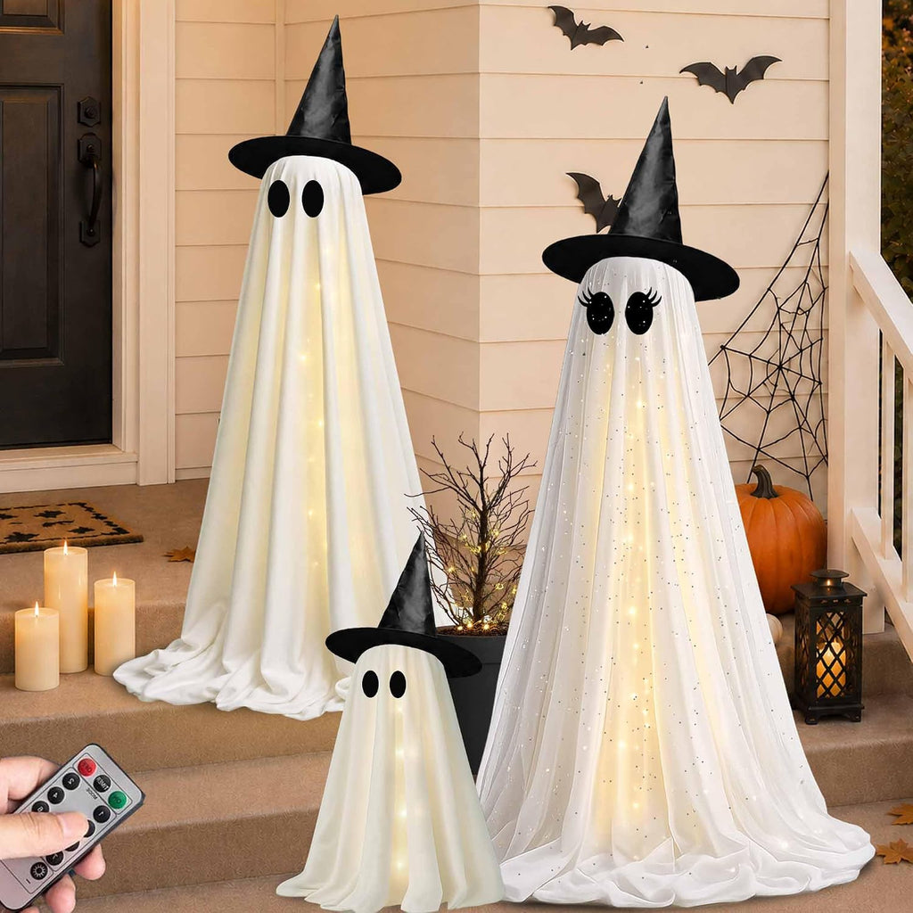 Halloween Decorations Outdoor, 3 Pack Light Up Spooky Ghosts with Remote Control LED Lights, DIY Faces and Witch Hats, Halloween Ghost Family Decor for Yard Porch Lawn Garden Front Door