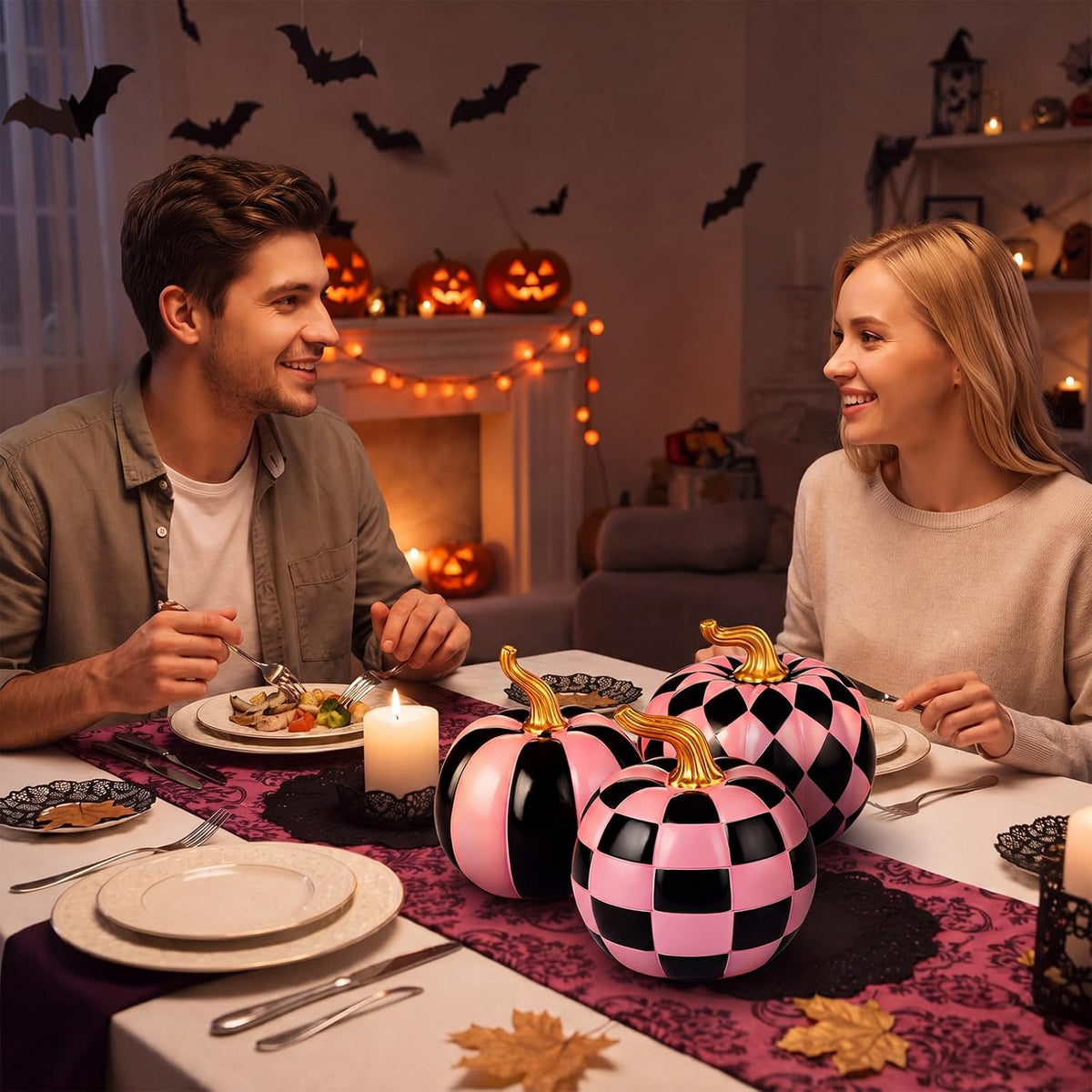 3 Pcs Halloween Resin Checkered Pumpkin, Pink and Black Pumpkin Table Decor | Pink Halloween, Pink Fall Decor, Thanksgiving Autumn Party Supplies, Dining Table Centerpiece Set, Ornaments for Tiered Tray
