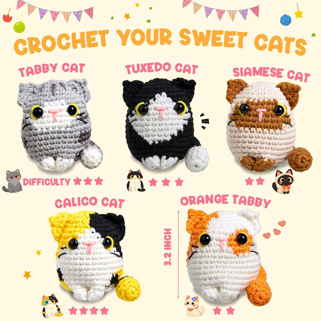 MAGIMUSE Crochet Kit for Beginners, 5 Cat Crochet Amigurumi Craft Kit | Includes Step-by-Step Video Tutorials, 40% More Yarn and DIY Crochet & Knitting Supplies for Beginner Animal Projects.
