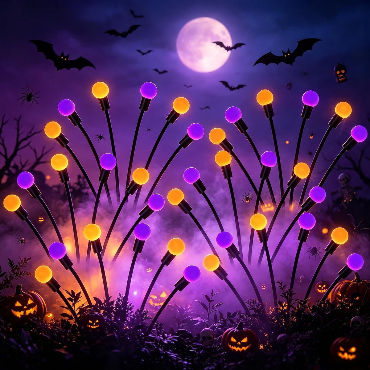 VOOKRY 4 Pack Halloween Decorations Outdoor, 24 LED Solar Firefly Lights Outdoor Waterproof Swaying Scary Solar Halloween Lights for Yard Garden Pathway Lawn Party Decor, Orange & Purple