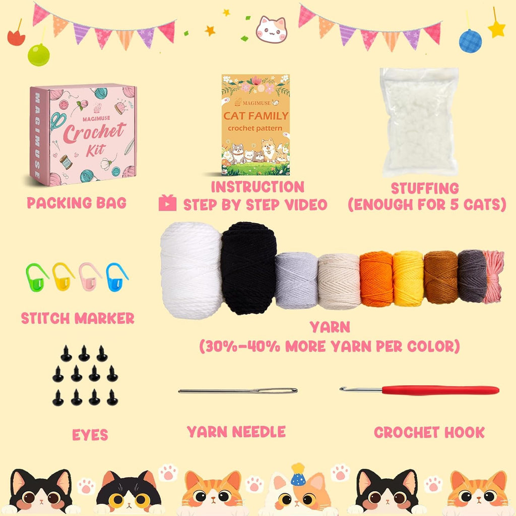 MAGIMUSE Crochet Kit for Beginners, 5 Cat Crochet Amigurumi Craft Kit | Includes Step-by-Step Video Tutorials, 40% More Yarn and DIY Crochet & Knitting Supplies for Beginner Animal Projects.