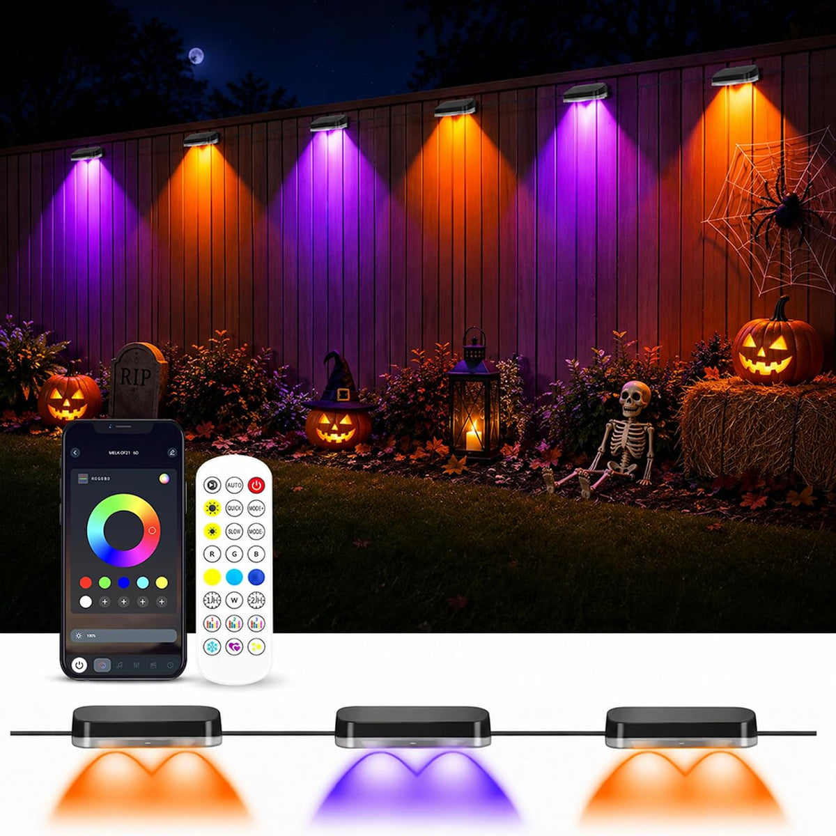 Smart Color Changing Outdoor Fence Lights RGB5050 Built in Chip with Remote | 50ft 8 Pack Deck Lights with Timer APP, Plug in LED String Lights Waterproof for Backyard Garden Patio Decor