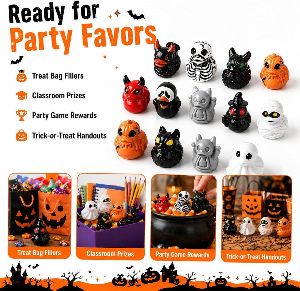 Halloween Mini Duck Figurines, 12 Assorted Resin Ducks Party Favors (3) | Assorted spooky duck miniatures for treat bags, classroom prizes, party tables, desk displays and DIY scenes