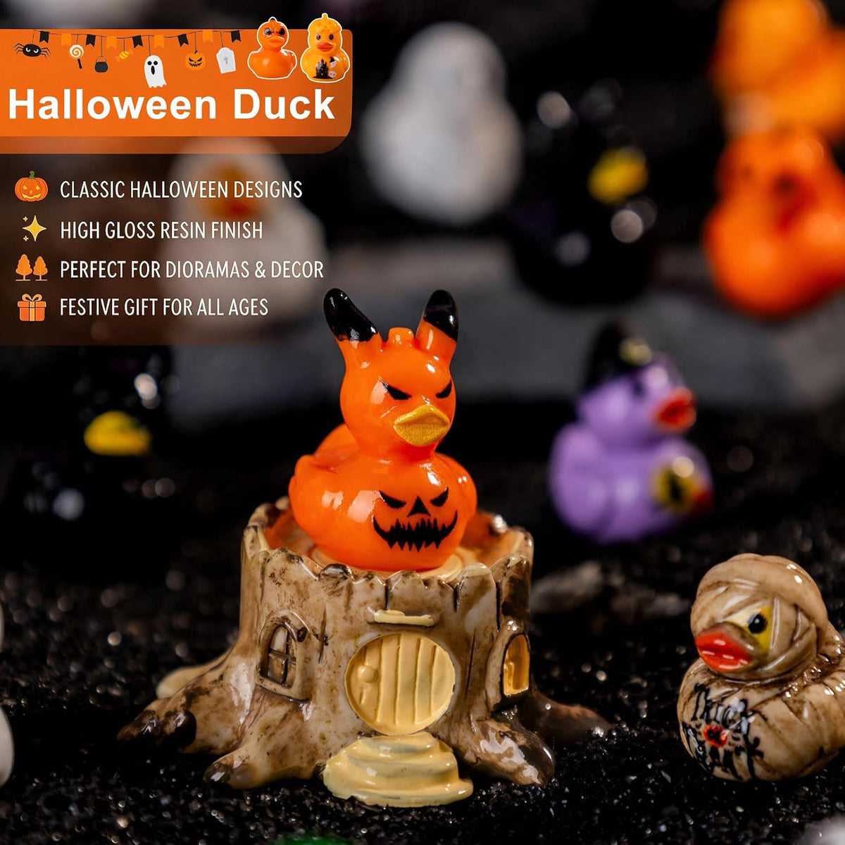 100Pcs Halloween Mini Ducks Miniature Halloween Resin Figurines Decor | 25 Styles 4 of Each Novelty Small Tiny Resin Ducks Bulk Halloween Party Favors DIY Gift Dollhouse Decorations